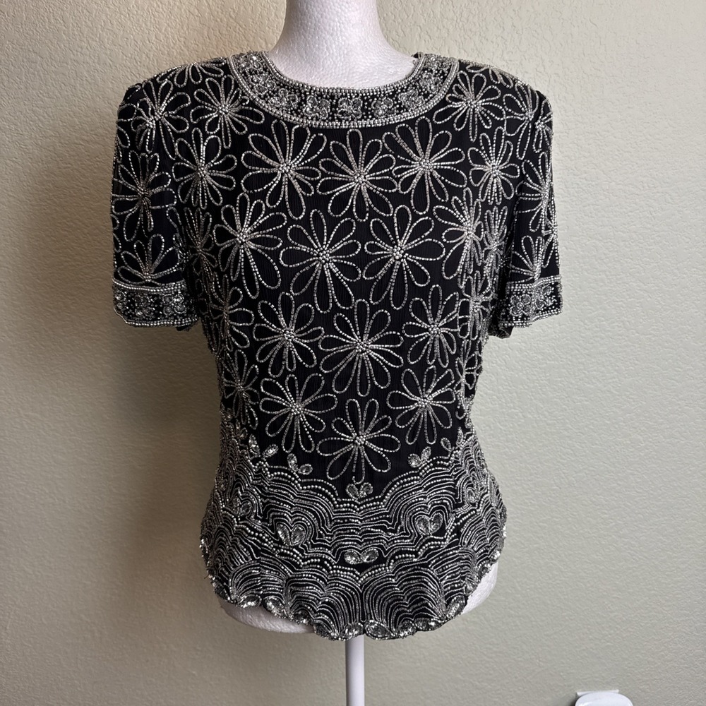 Laurence Kazar Medium Silk Blouse Vintage 90s Evening Shirt Sequin Flower Beaded